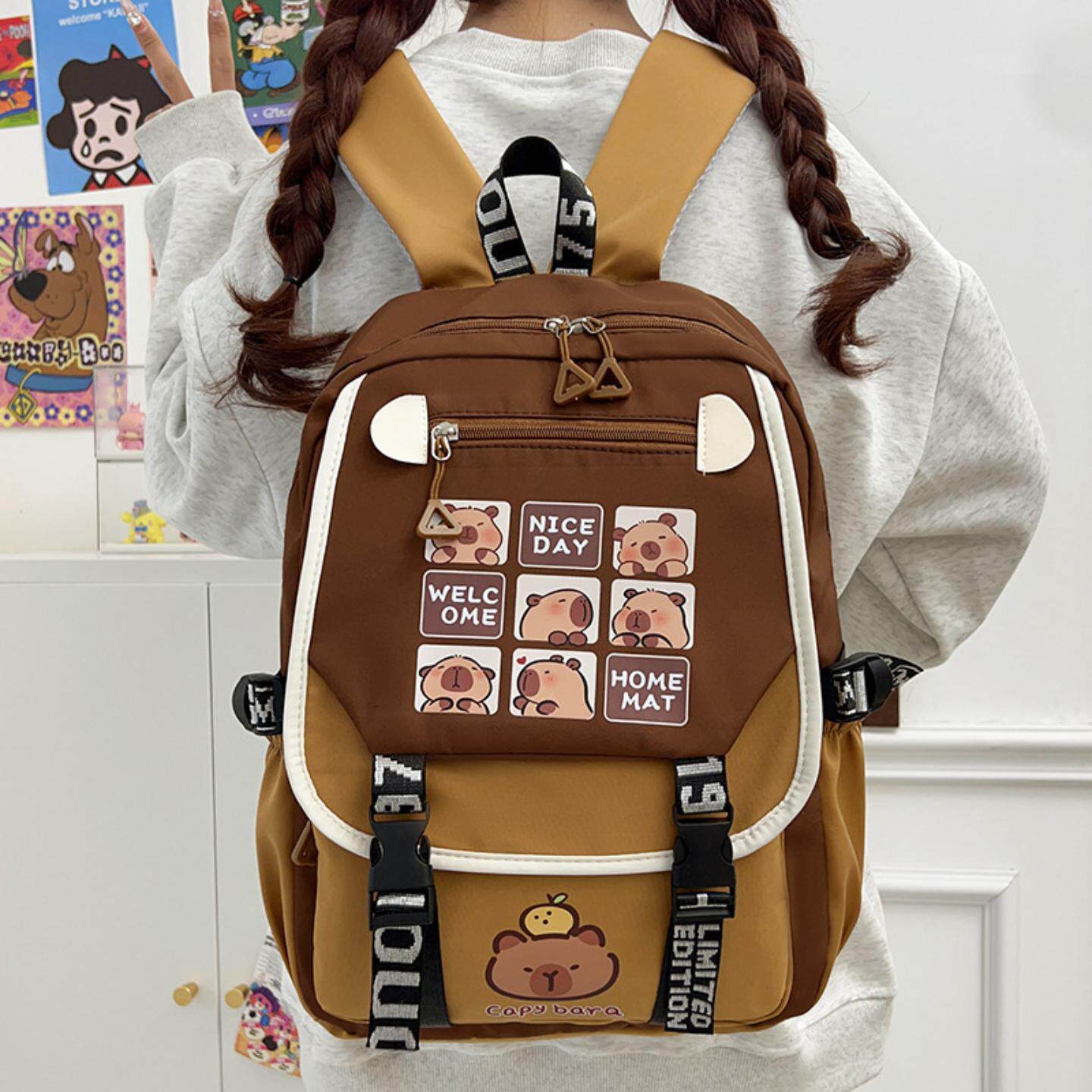 新款大容量多功能卡通男女学生背包加厚卡皮巴拉时尚简约双肩背包