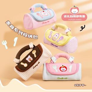 韩系ins格子手提笔袋男孩女孩高颜值ins风小学生大容量 卡通刺绣