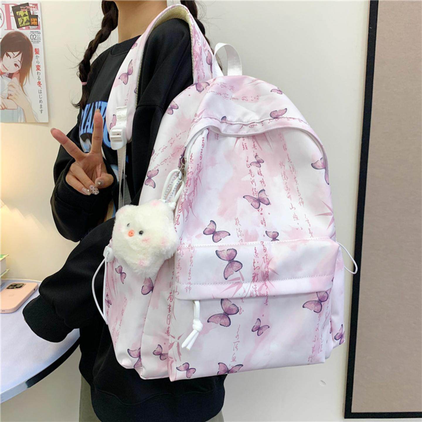 中式国风印花女士双肩包时尚印花休闲学生书包日常通勤百搭小背包