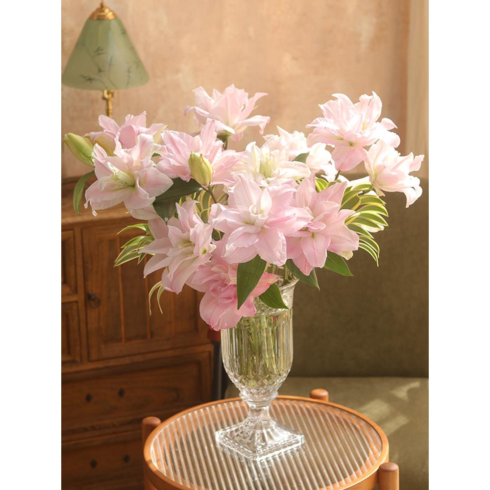 欧式高脚水晶玻璃花瓶浮雕轻奢摆件样板间客厅高档鲜花瓶出口正品