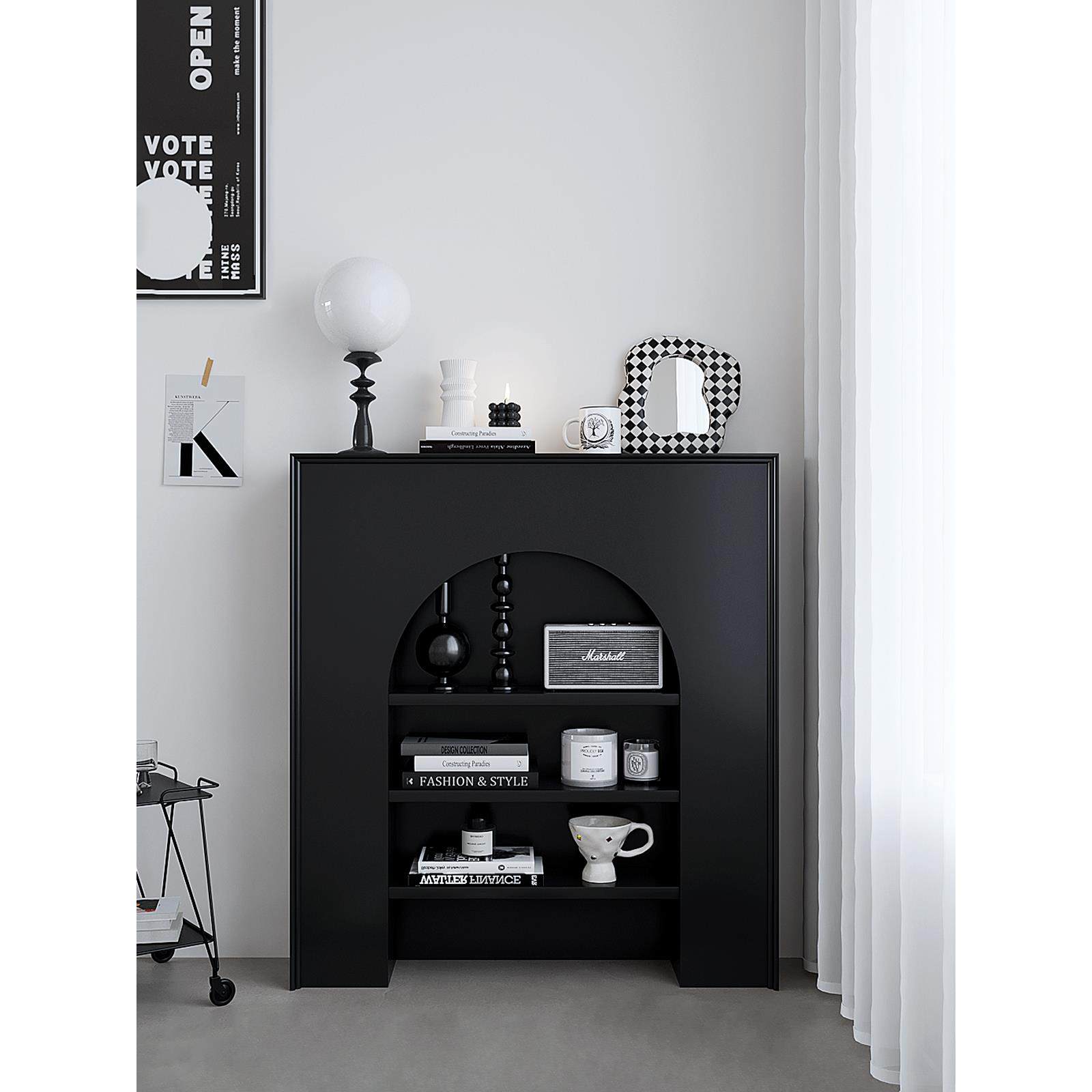 法式复古黑色简约假壁炉装饰边柜入户家用置物架展示柜子背景墙