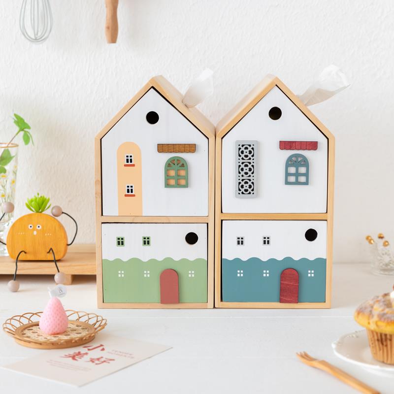 阿楹 卡通双层纸巾盒遥控器收纳抽屉 多功能玄关桌咖啡茶包抽纸盒