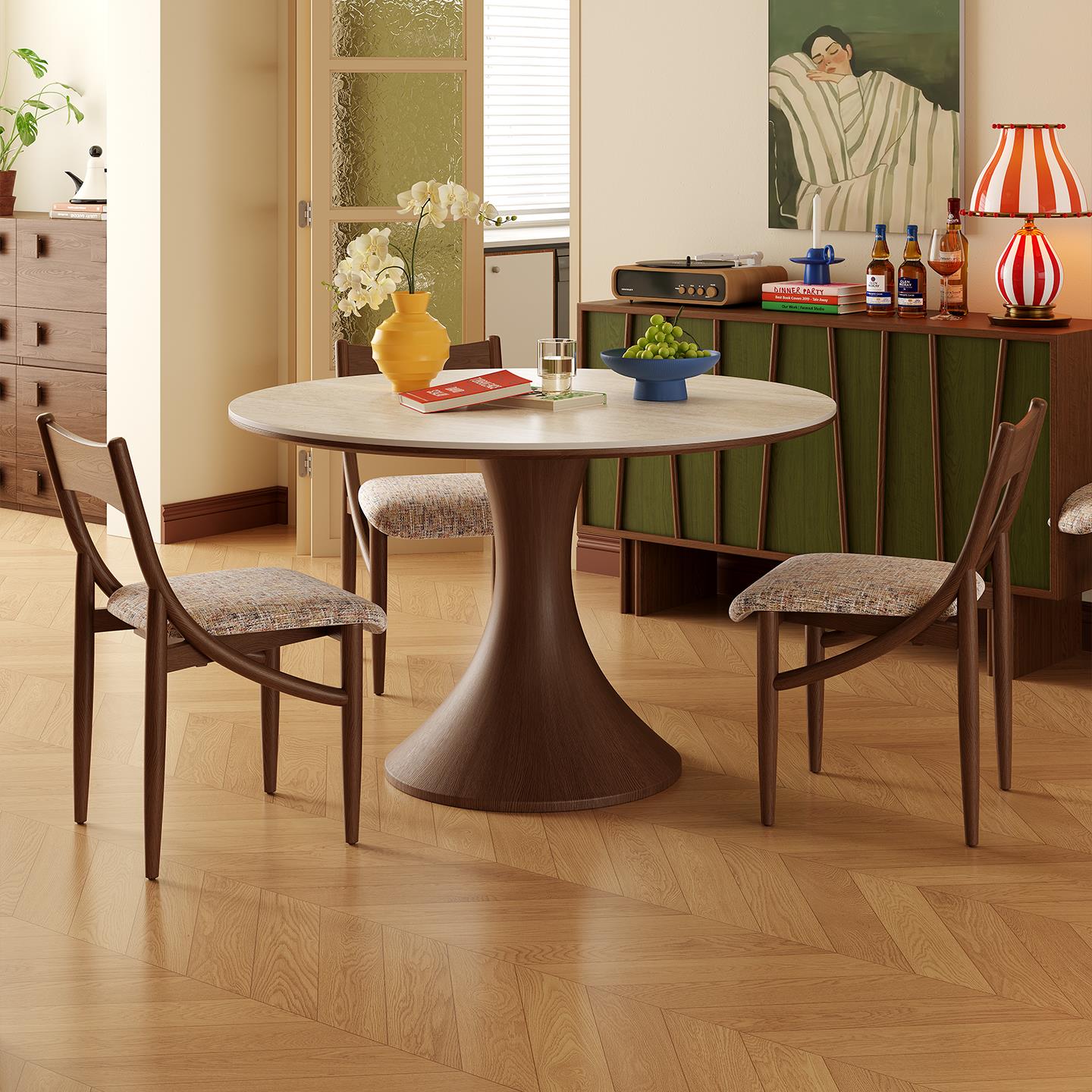 德利丰岩板实木圆桌洞石餐桌实木圆形1m小圆桌白蜡木中古风饭桌子