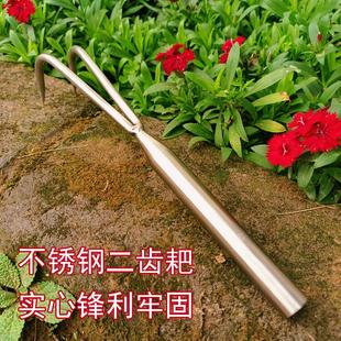 不锈钢松土耙子花盆家用二齿小爪子锋利实心结实种花种菜阳台新款