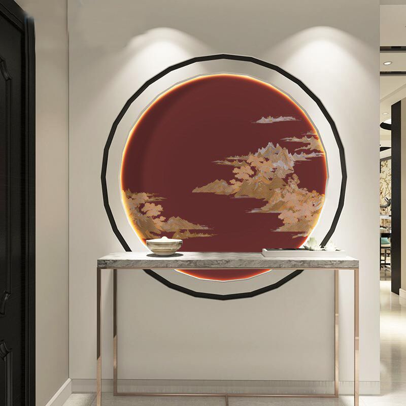 热销新中式玄关装饰画圆形画芯山水画客厅餐厅壁纸禅意茶室立体肌
