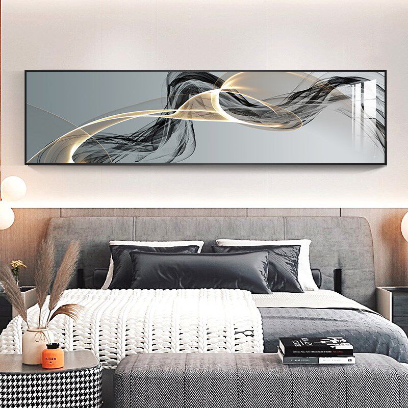 热销现代简约卧室床头装饰画抽象黑白线条挂画轻奢横主卧房间墙上