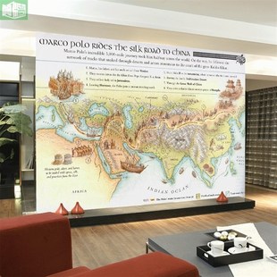 热销英文版丝绸之路地图墙纸中西历史商贸文化壁纸外语学校公司背