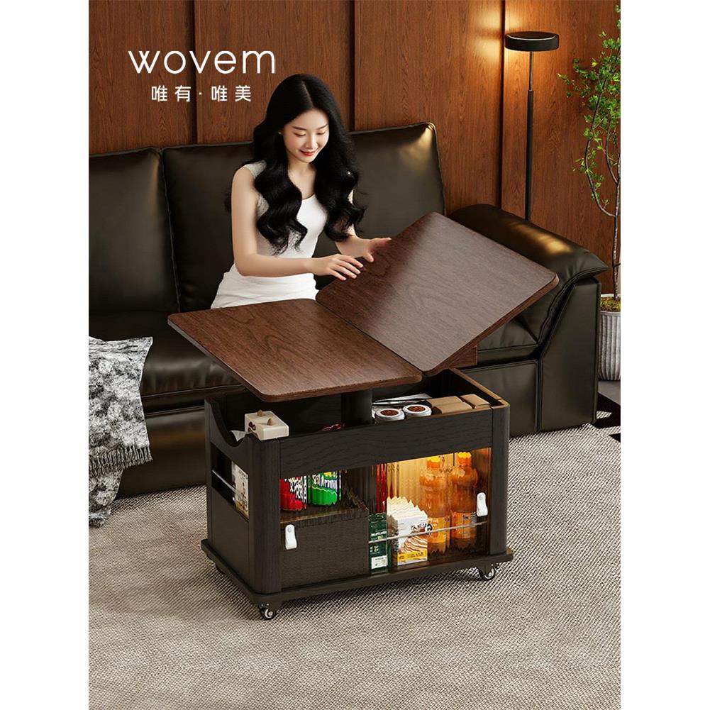 升降茶几移动折叠小户型实木中古小推车茶桌边几沙发边柜小蝶Pro