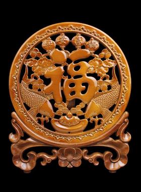 桃木福字麒麟龙凤呈祥吉祥如意双鱼福摆件木雕家居玄关装饰工艺品