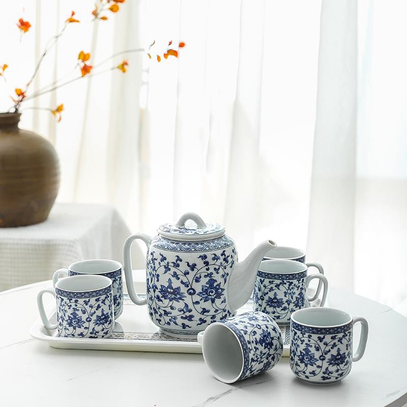 青花瓷陶瓷茶具小套装把手茶杯简约办公家用中式泡茶壶套装大容量