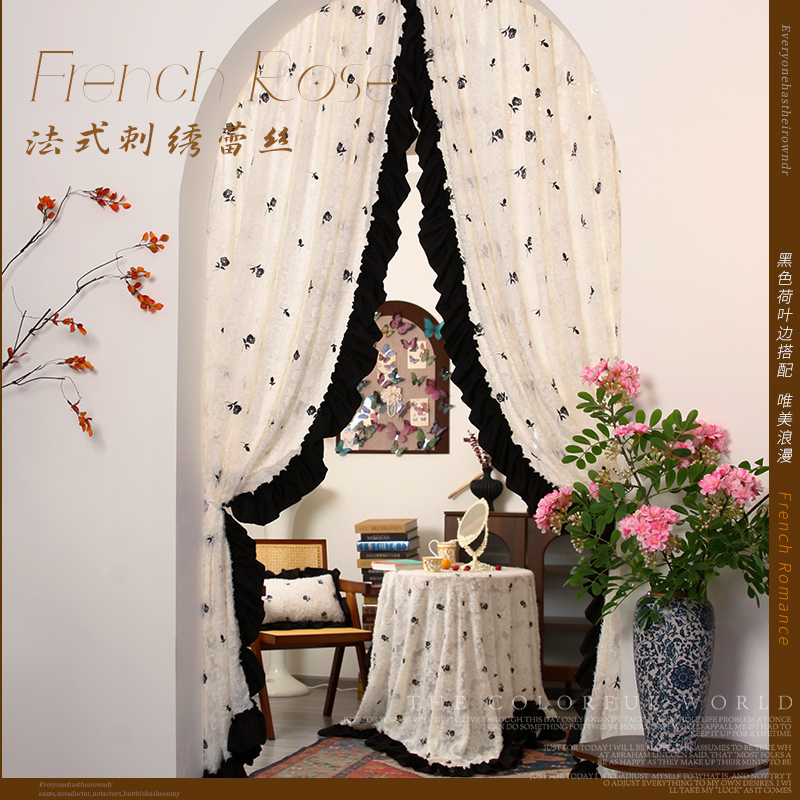 法式门帘2025新款冬风纱帘氛围感隔断帘免打孔门帘飘窗帘不透人