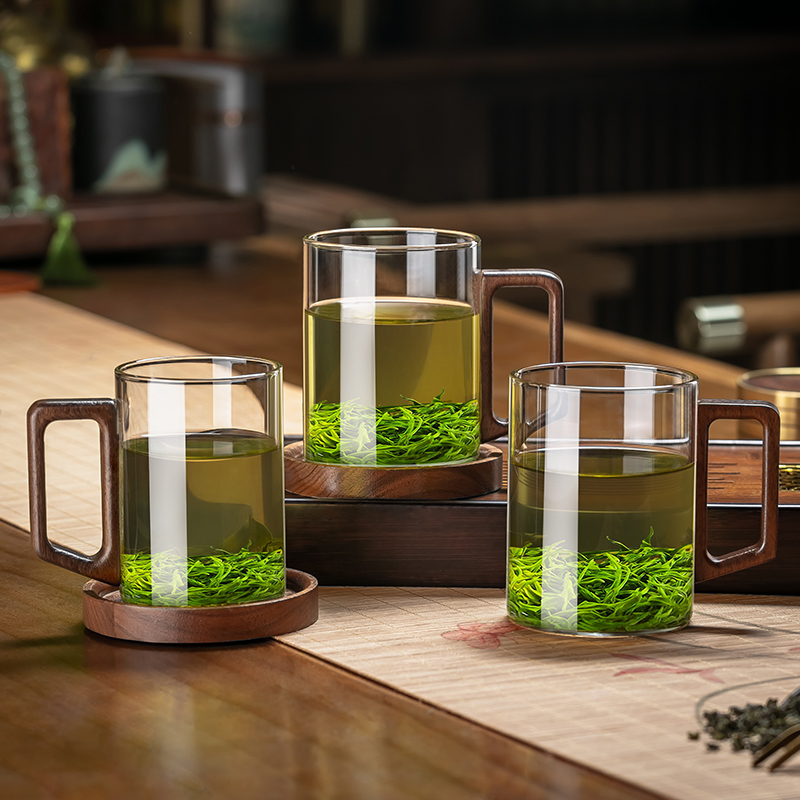 胡桃木茶杯带把个人男士办公室家用玻璃耐高温泡茶杯
