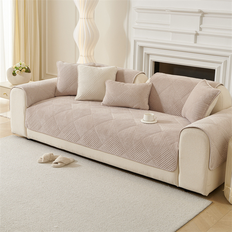 秋冬纯色水晶绒格子纹沙发坐垫现代简约轻奢毛绒沙发罩套盖布巾