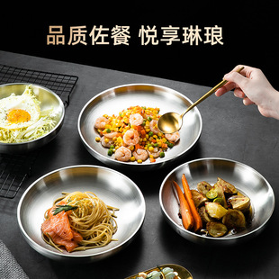 304不锈钢盘子加厚双层圆形加深菜盘牛排餐盘甜品水果盘餐厅餐具