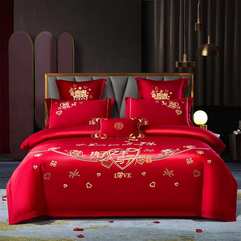 高档奢华中式刺绣婚庆四件套大红色床单被套结婚床上用品厂家