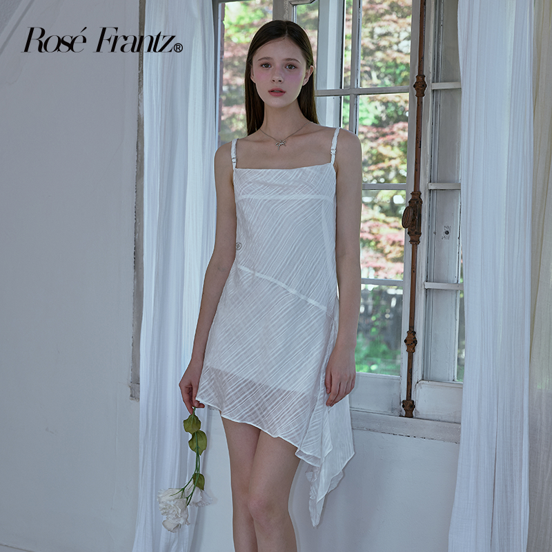[允仔同款]Rosefrantz法式显瘦绝美不规则雪纺条纹吊带连衣裙女夏