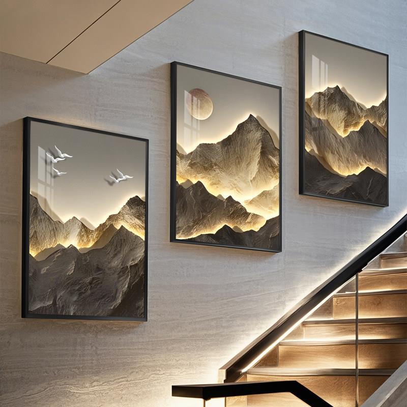 楼梯墙面装饰画新中式复式房间楼道壁画高级感走廊过道背景墙挂画