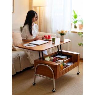 中古实木可移动升降茶几家用小户型轻奢法式客厅沙发折叠边几矮桌