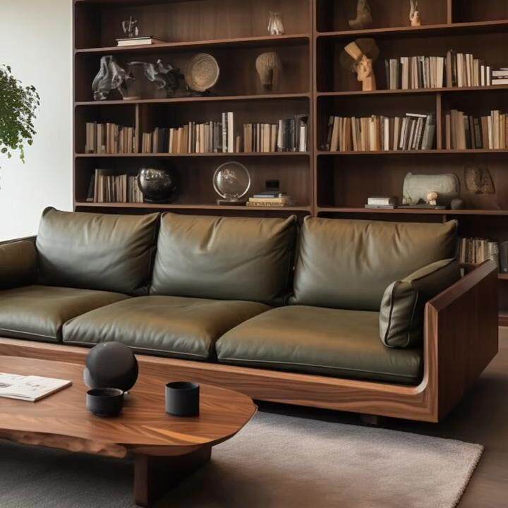 新中式北美黑胡桃木沙发现代轻奢高端客厅直排真皮三人位沙发实木