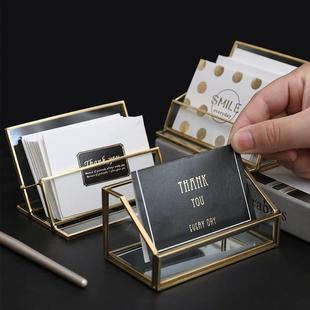 轻奢桌面名片金色收纳盒商务大容量透明玻璃摆饰创意名片架展示盒