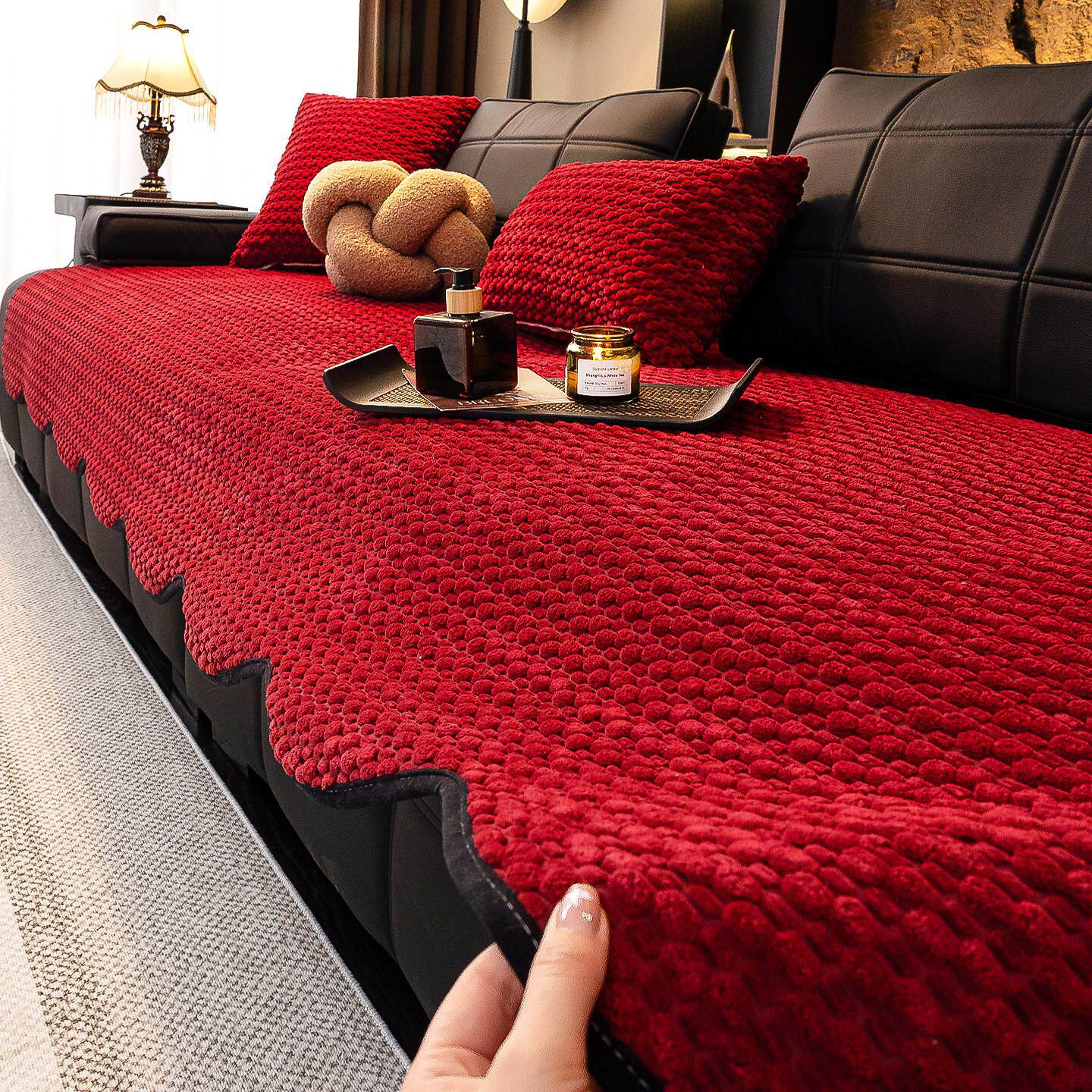 红色新年喜庆灯芯绒沙发垫冬2026新款加厚固定防滑坐垫一片式盖布