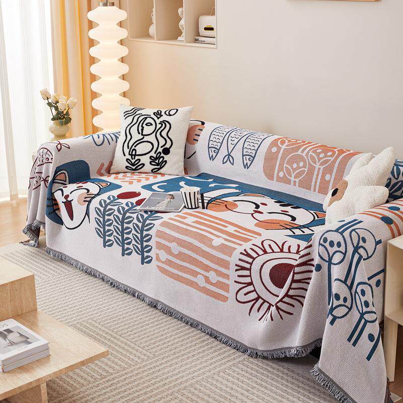 棉麻加厚沙发盖布四季通用卡通沙发巾亚马逊沙发套罩盖布沙发垫盖