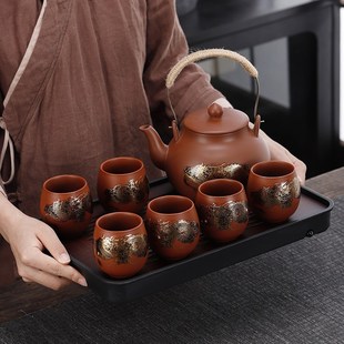 大号容量泡茶壶客厅家用茶盘变色茶杯 紫砂原矿提梁壶防烫茶具套装