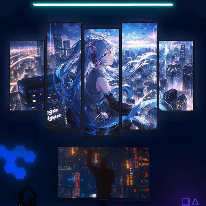初音未来电竞房间装饰画二次元挂画卧室床头电脑房墙发光壁画