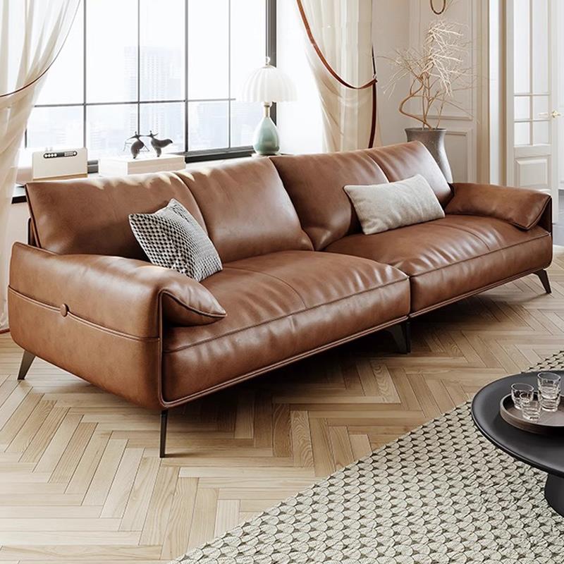 真皮沙发意式极简头层牛皮客厅家用棕色复古直排高脚大象耳朵沙发
