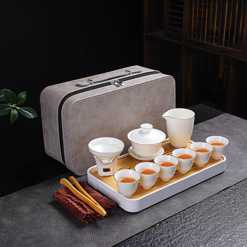 盘东来三景德镇旅行茶具功夫茶具家用羊脂玉陶瓷盖碗茶杯户外茶