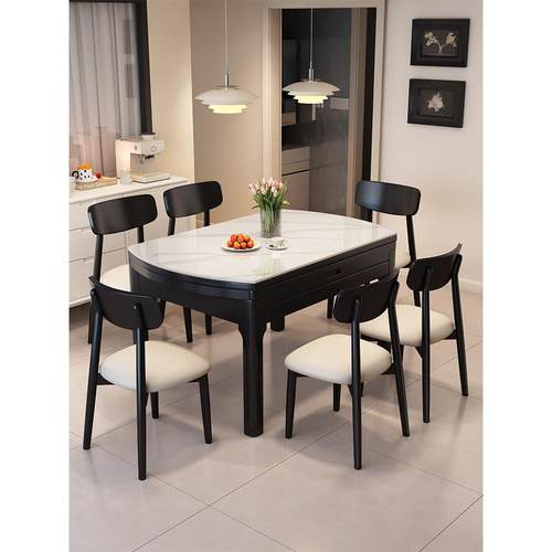 实木岩板餐桌现代简约2025新款家用小户型客厅饭桌可变圆桌椅组合