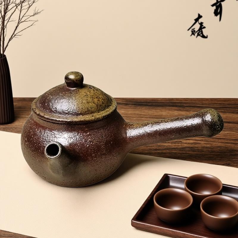 云南大理粗陶松木柴烧壶老岩泥煮茶罐泡茶壶全手工侧把提梁左手款