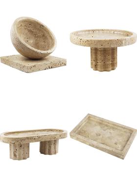 侘寂覆古黄洞石几何托盘收纳高脚果盘花器摆件餐桌玄关样板房饰品