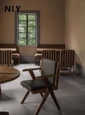 NIY实木中古餐椅长椅椅子侘寂餐凳长条凳实木椅凳子靠背椅餐桌椅