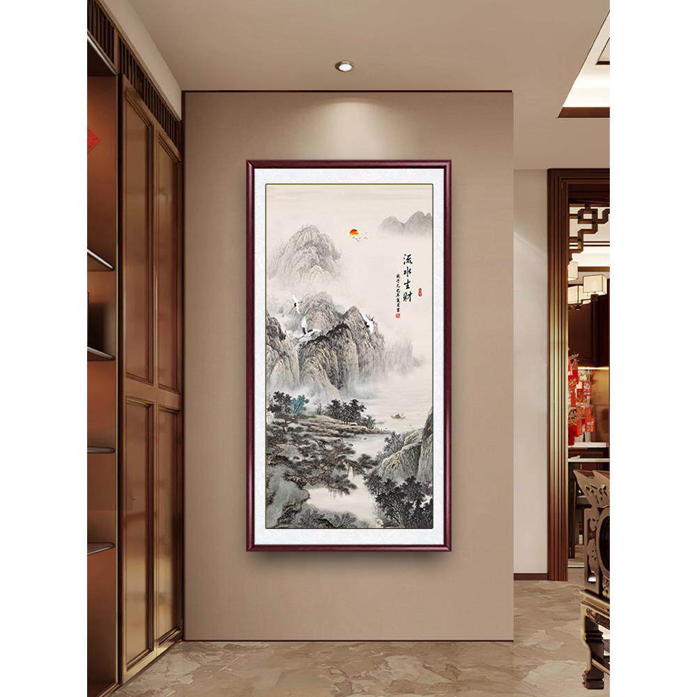 流水生财手绘真迹国画山水画客厅办公室靠山字画聚宝盆背景墙挂画