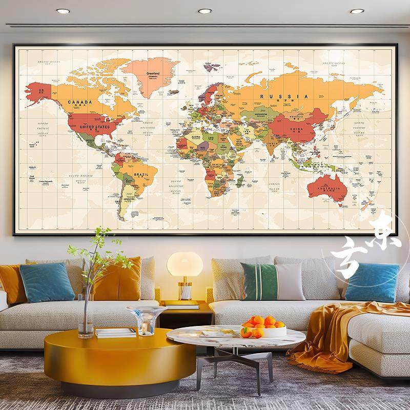 中英文世界地图办公室墙面装饰画客厅书房挂画可标记旅游足迹打卡