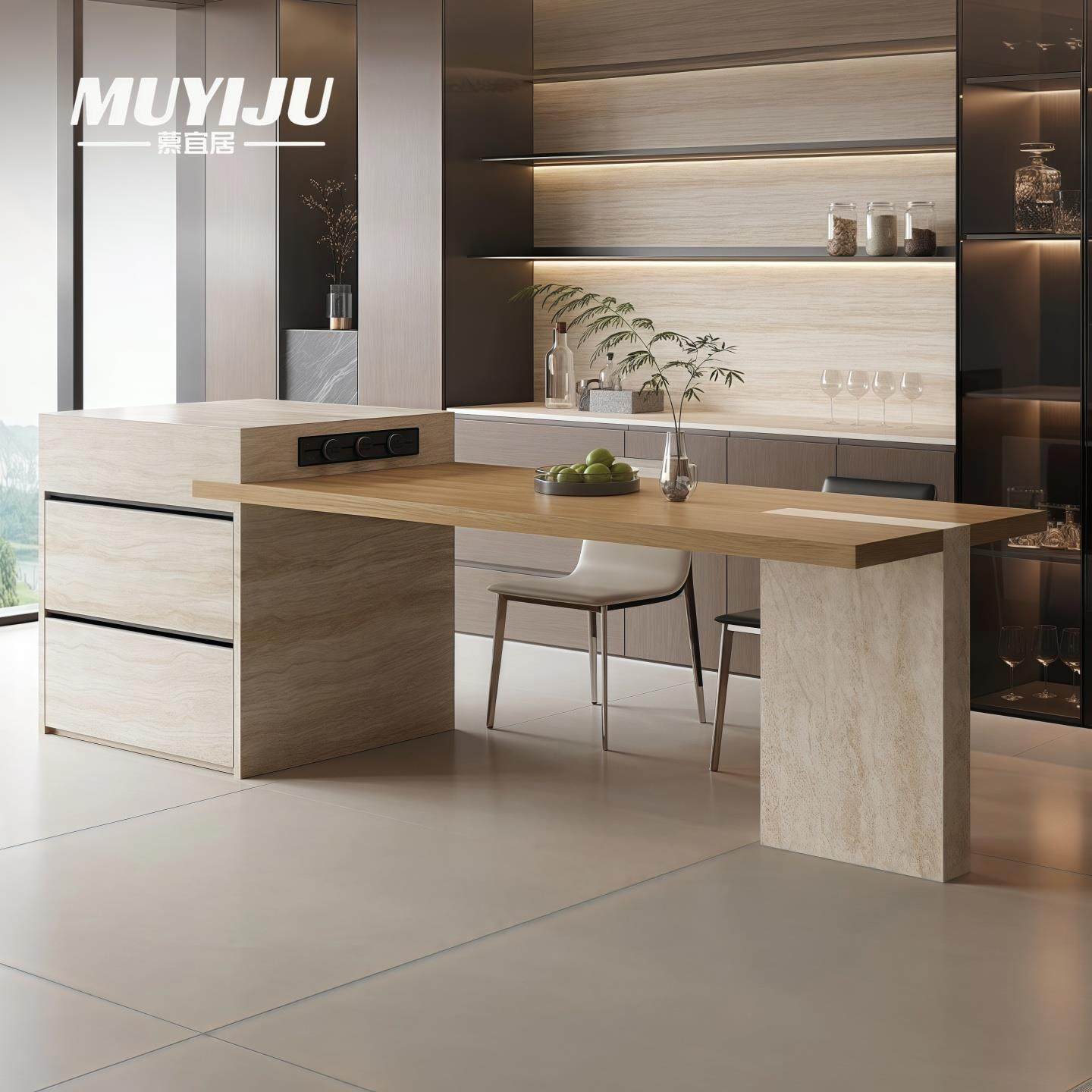 意式轻奢岛台餐桌一体家用可伸缩中古风设计师洞石岩板倒台中导台