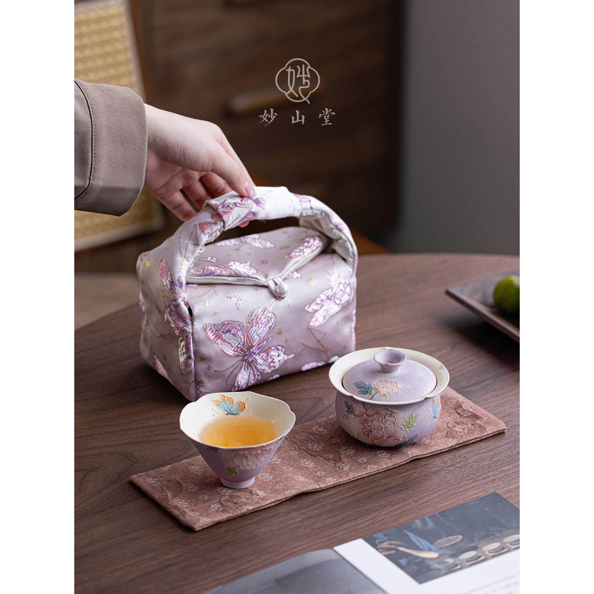 轻奢手绘牡丹旅行茶具便携式布包套组户外泡茶一人用送女生送人