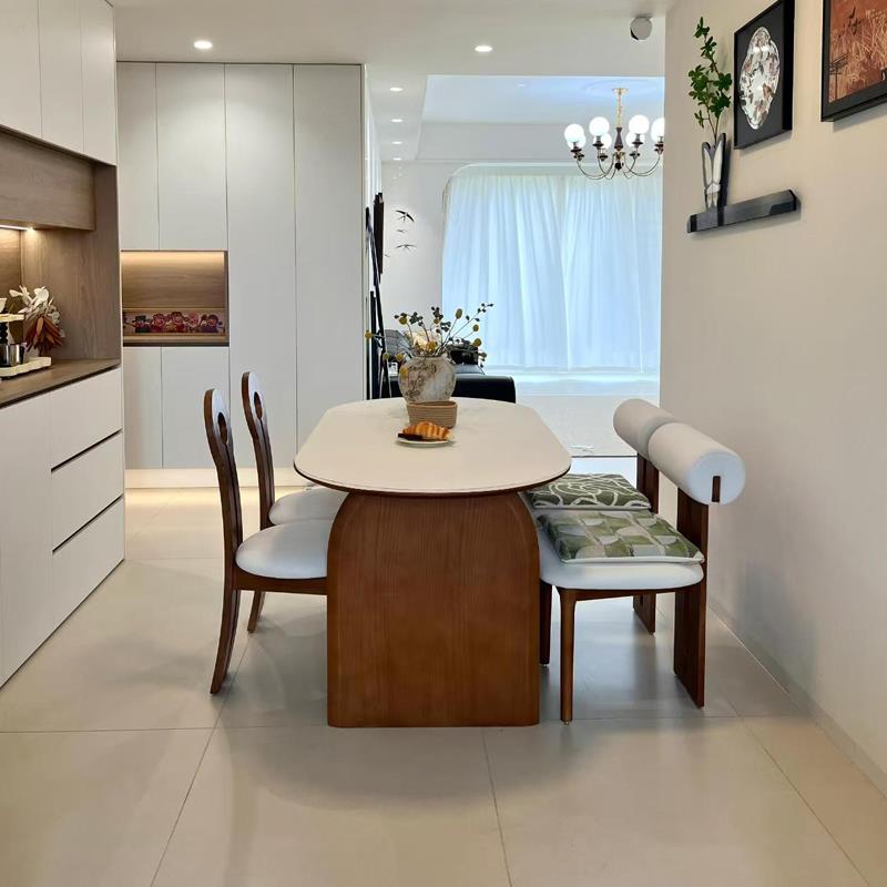 法式中古风实木岩板餐桌椅组合家用小户型椭圆形白蜡木客厅吃饭桌