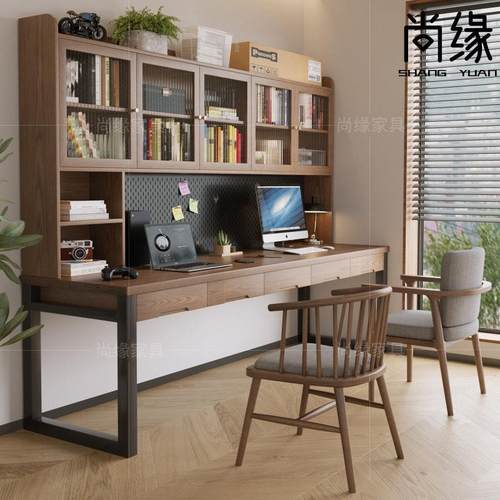 实木双人书桌书柜书架一体靠墙长条桌工作台书房学习电脑桌带抽屉