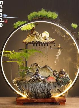 弗兰德陶瓷新中国风高端财富客厅办公室桌面假山循环水摆件铁艺