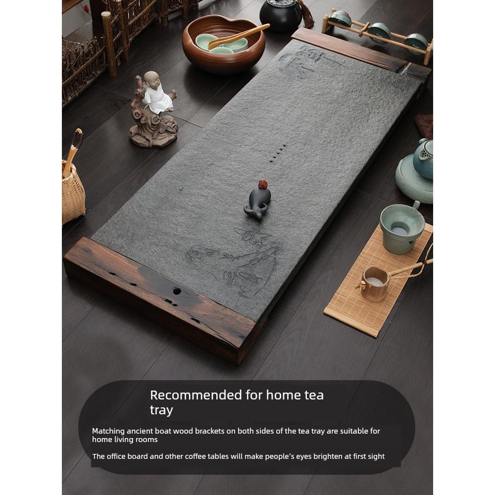 法式老船木乌金石茶盘家用简约茶具套装覆古石头盘茶台天然茶托盘
