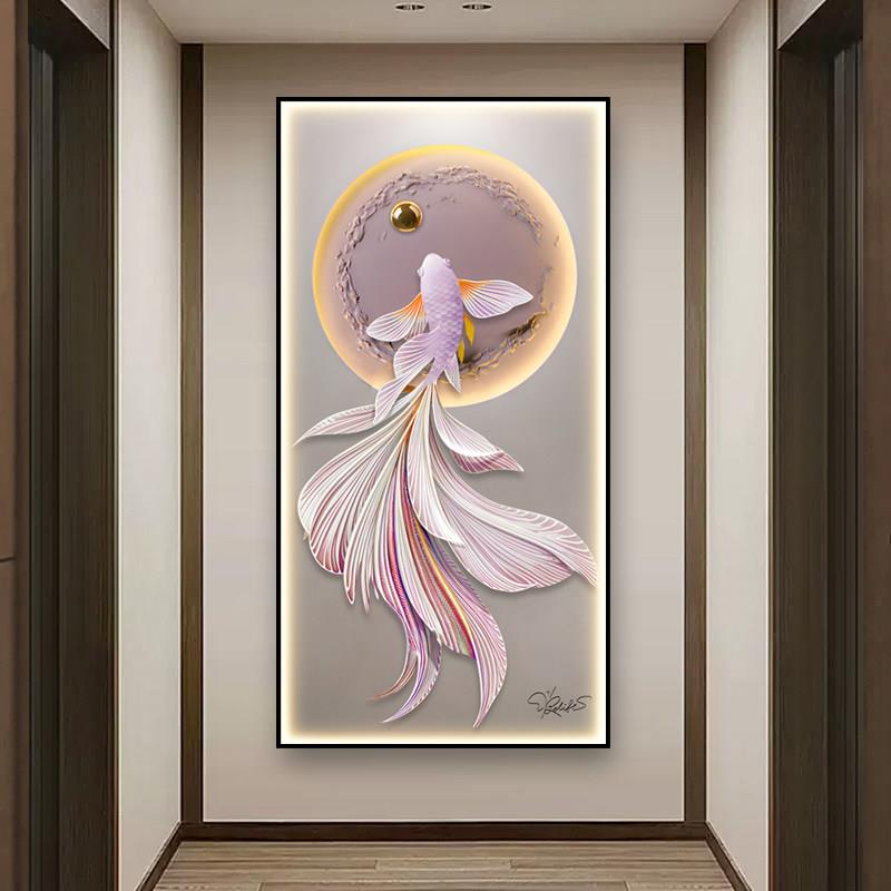 玄关装饰画轻奢入户走廊过道竖版挂画吉祥锦鲤LED灯画高档富贵鱼