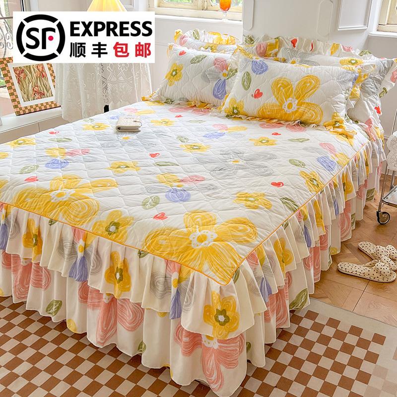 加厚夹棉床裙款纯棉床罩防尘单件1.51.8米全棉床套防滑床笠带裙边