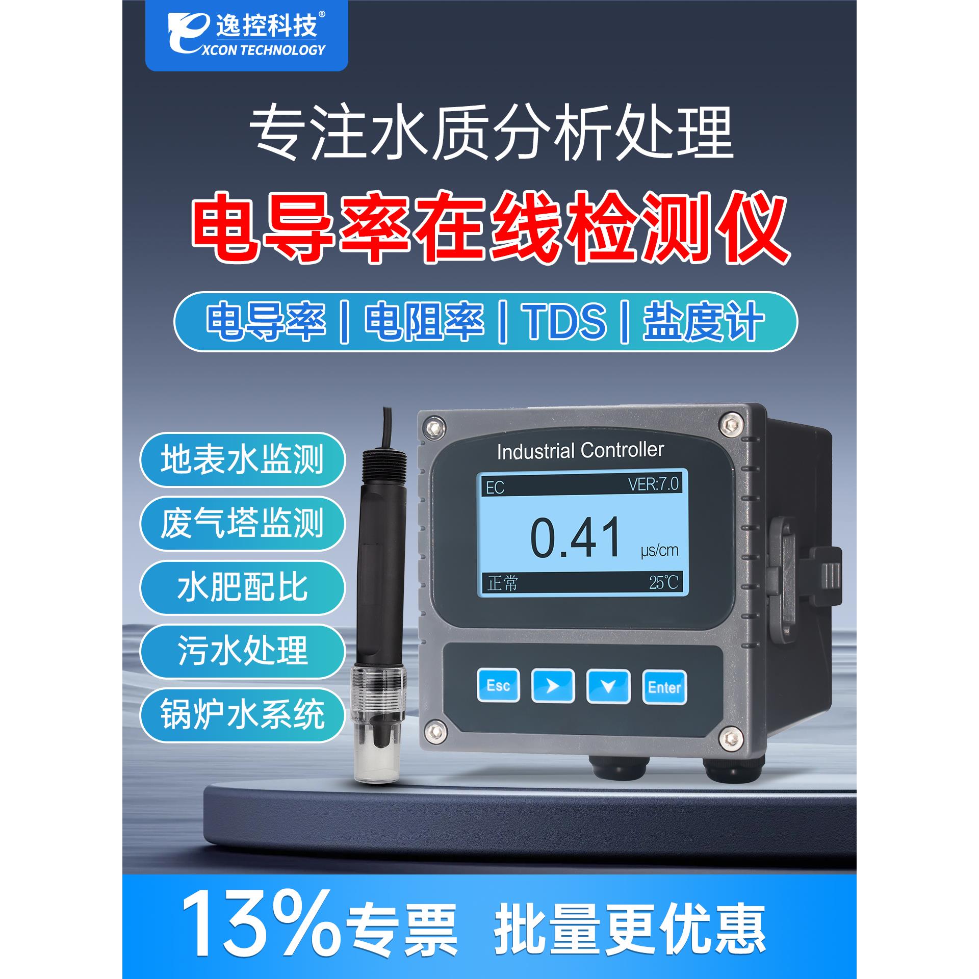 逸控科技在线电导率仪测试仪纯水EC值检测仪水质监测仪传感器探头