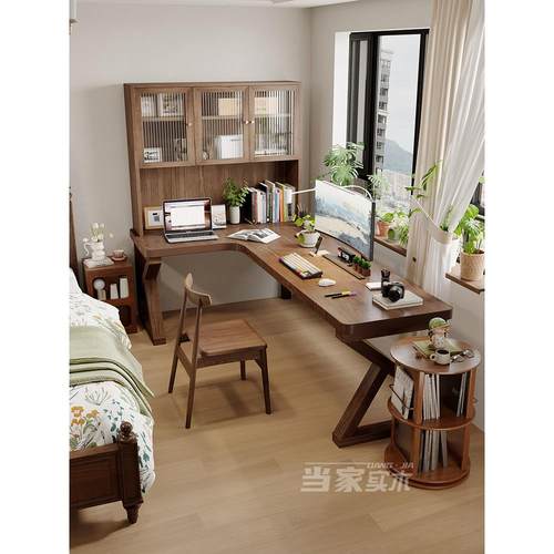 实木转角书桌书柜一体学习桌侧边收纳柜电脑桌l型家用书房卧室
