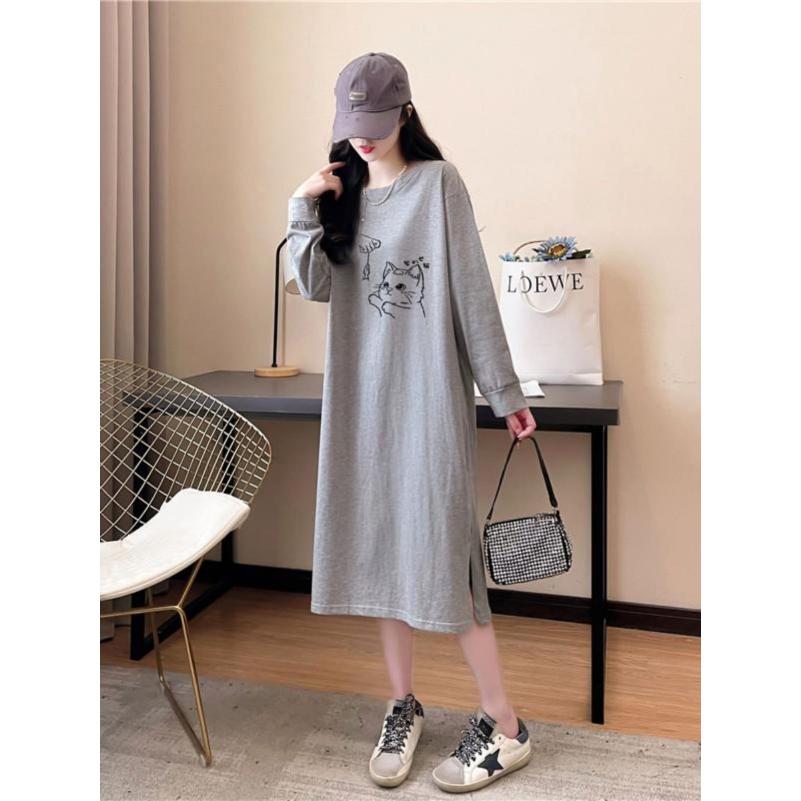 纯棉睡裙女长款过膝T恤睡衣春秋季宽松大码胖MM孕妇家居服可外穿