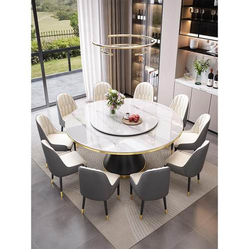 圆形岩板餐桌椅2025新款现代简约轻奢大理石圆桌家用10人吃饭桌子