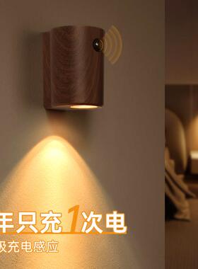 智能人体感应灯USB充电气氛灯磁吸壁灯入户门射灯胡桃木纹小夜灯