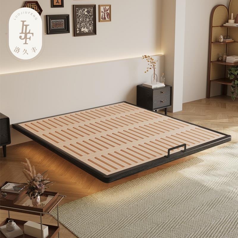 中古风齐边悬浮床无床头实木床1米8双人床主卧室极简榉木排骨架床